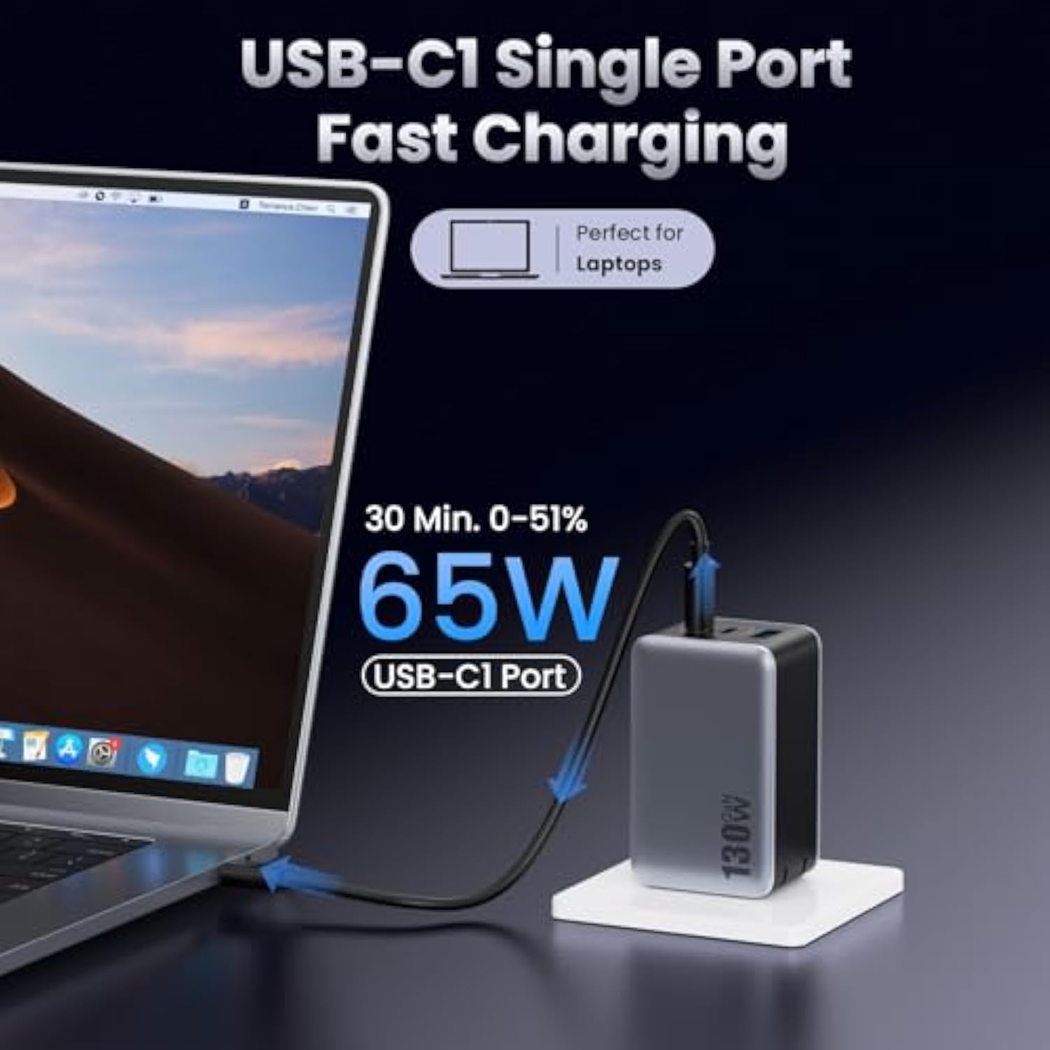 Usb C Charger Block 130W, Gan 3-Port Compact Wall Charger,Foldable Fast Charging Station,Pd 65W Usb C Laptop Charging Adapter For Macbook Pro/Air, Dell Xps, Iphone 16/15/14/13,Ipad Pro,Android Etc
