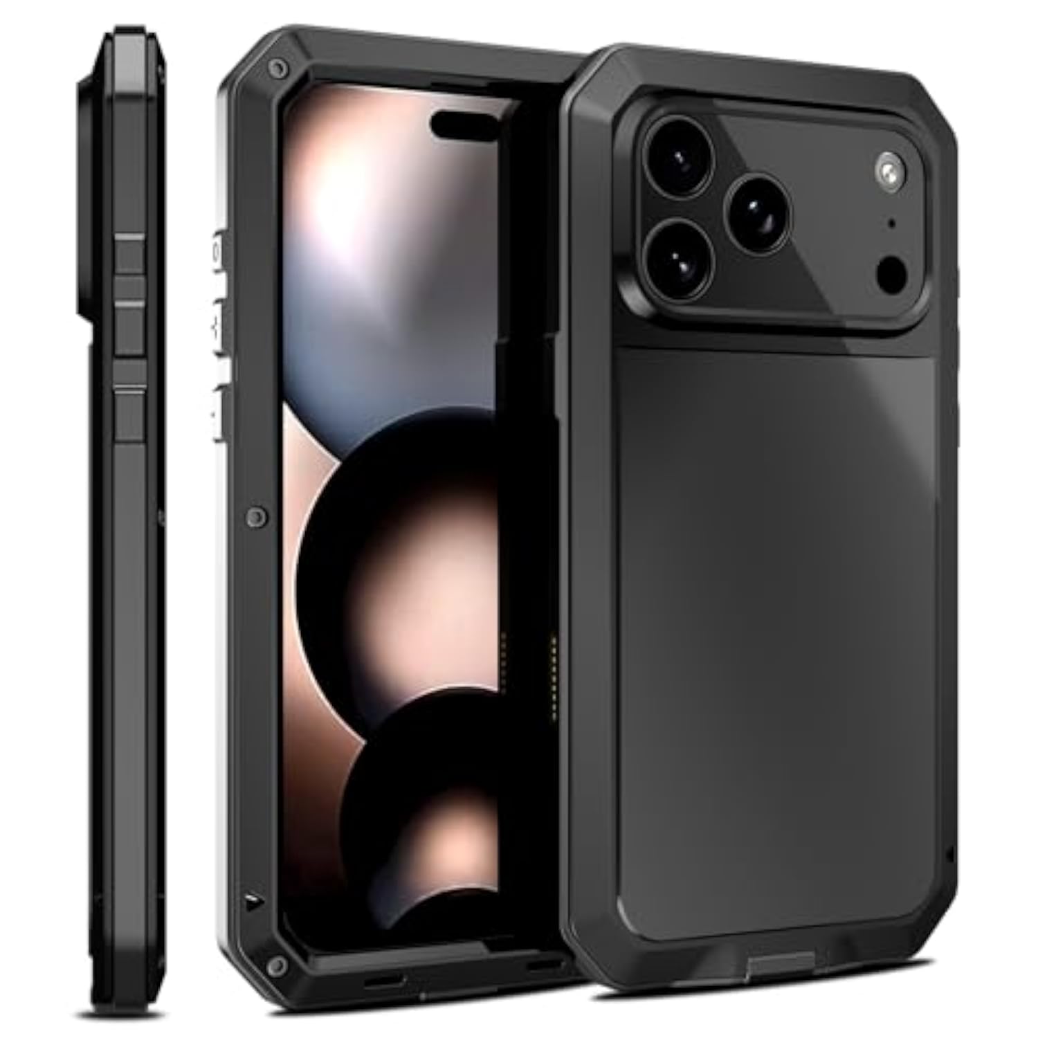 Heavy Duty Shockproof Aluminum Alloy Metal Case with Silicone Built-in Screen Protector for iPhone 17 Pro - Black