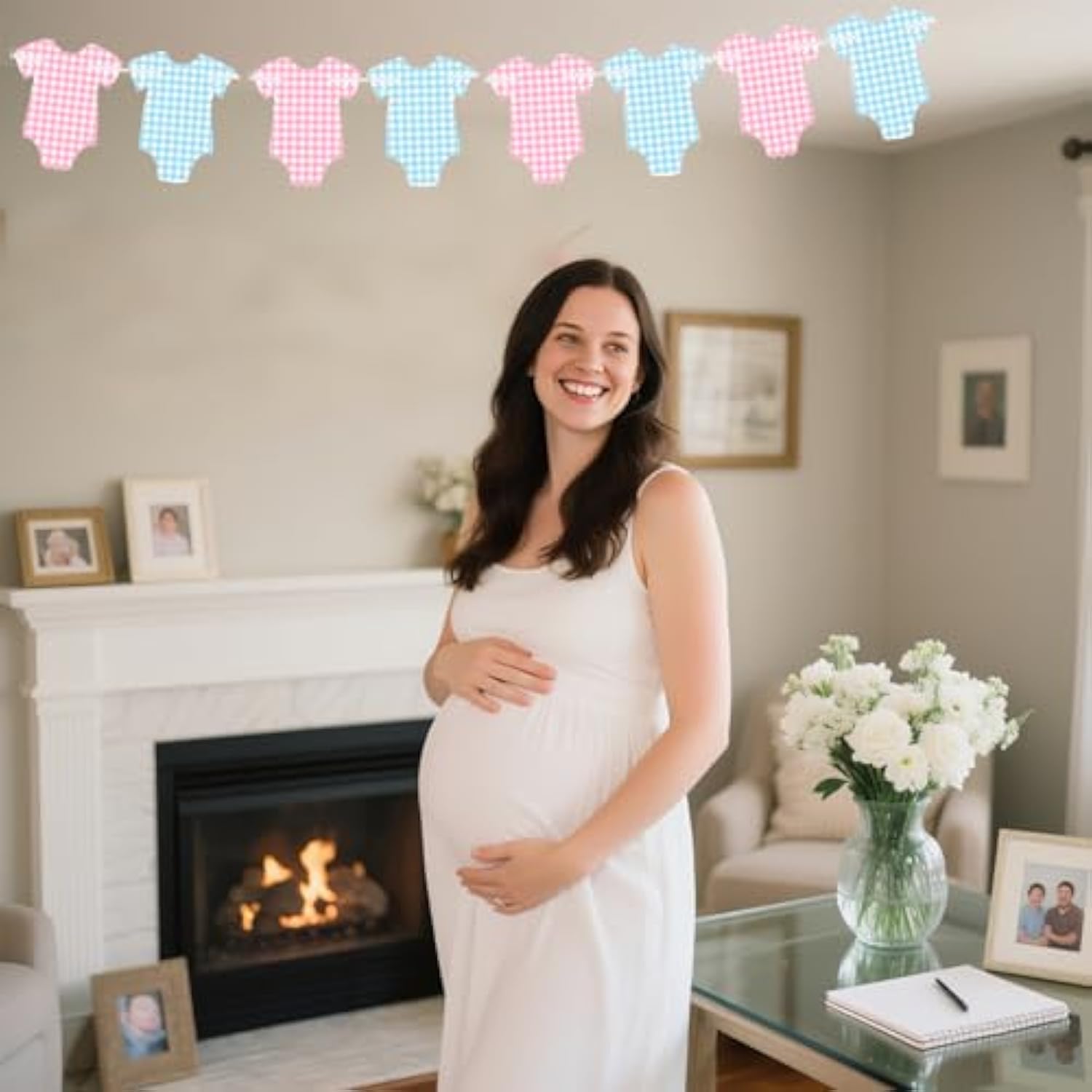 Pre-Strung Blue & Pink Gingham Bodysuit Baby Shower Banner - 8 Double-Sided Onesie Cards- Cute Baby Onesie Decorations For Gender Reveal Party, Baby Shower Decor, Baby Reveal Banner – Gender Reveal Ideas & Decor