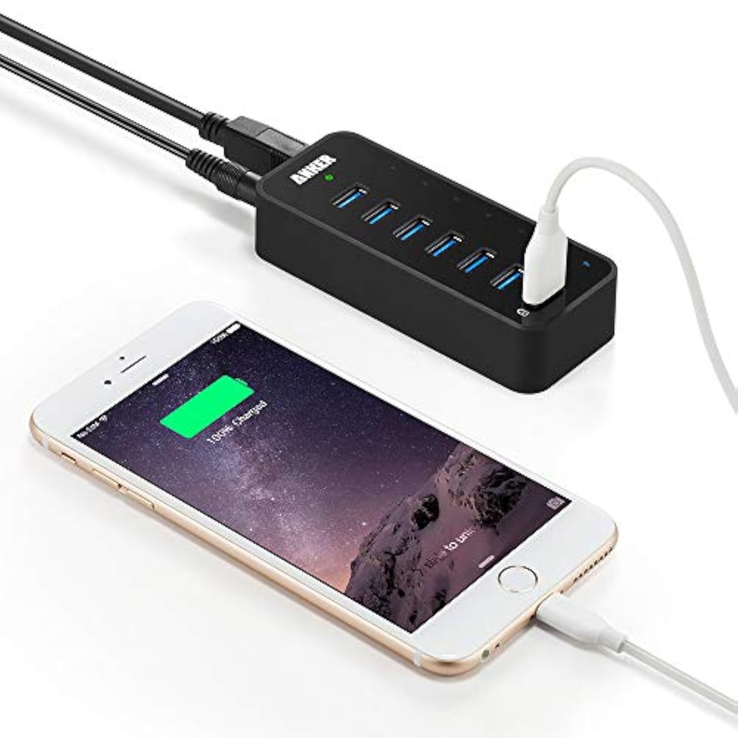 Anker Powered USB Hub for Laptop, 7 Ports USB 3.0 Data Hub, with 36W Power Adapter and BC 1.2 Charging Port for iPhone 7/6s Plus, iPad Air 2, Galaxy S Series, Note Series, Mac, PC, USB-Flash Drives