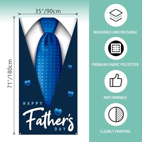 Happy Father’s Day Door Cover First Fathers Day Photo Backdrop Blue Necktie Super Dad Fathers Day Party Decorations and Supplies for Home Party-71×35''