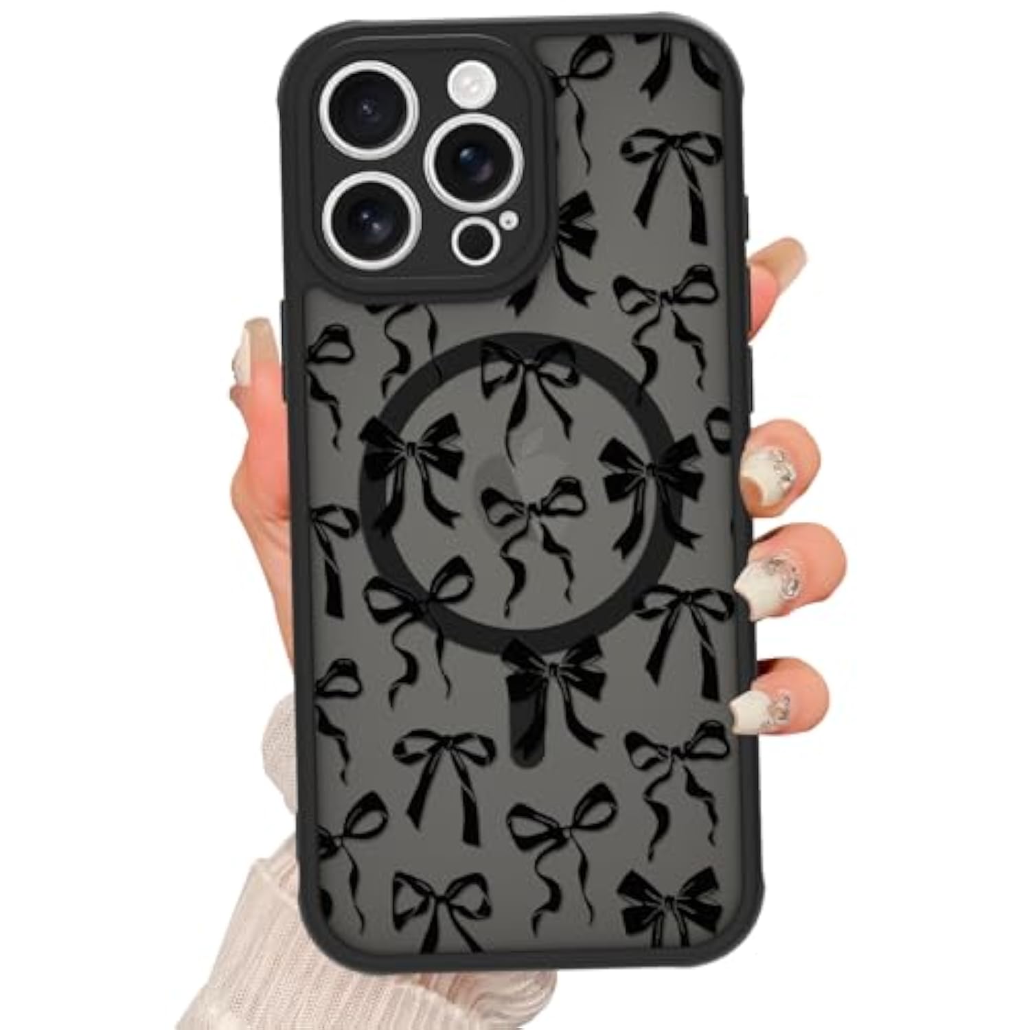 Magnetic For Iphone 15 Pro Max Case [Compatible With Magsafe] Cute Cool Bowknot Bow Tie Print Pattern Design, Slim Bumper Translucent Matte Protective Cover For Women Girls, Black