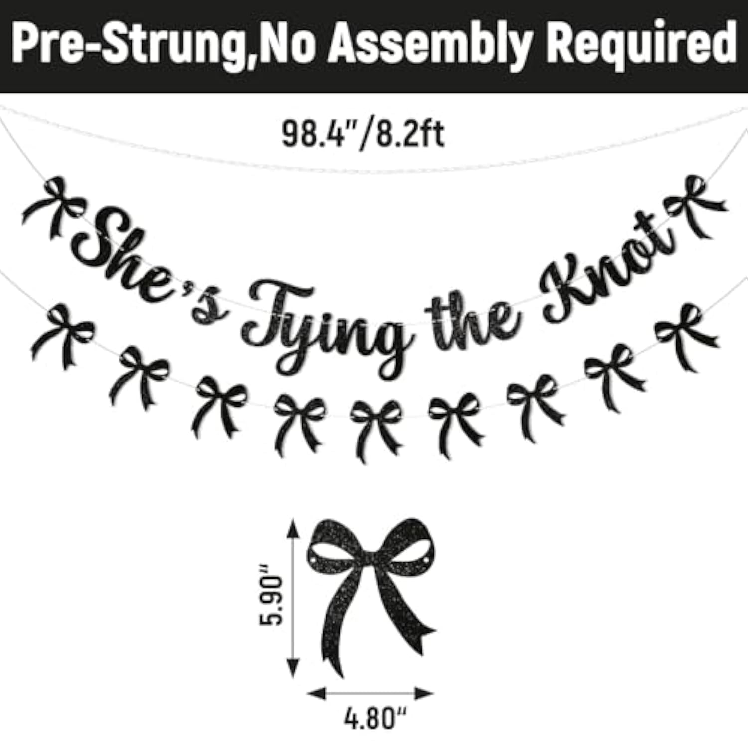She'S Tying The Knot Banner & Black Bow Garland, Bow Bridal Shower Engagement Wedding Party Decorations For Women Black Glitter
