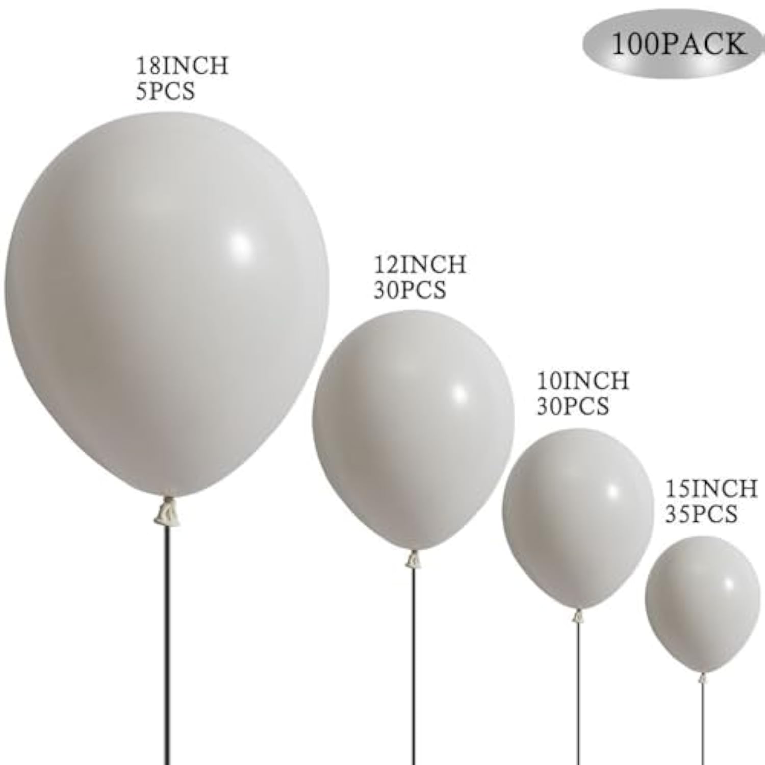 100 Pc Matte White Latex Balloons (18, 12, 10, 5 In) for Wedding/Party Backdrop