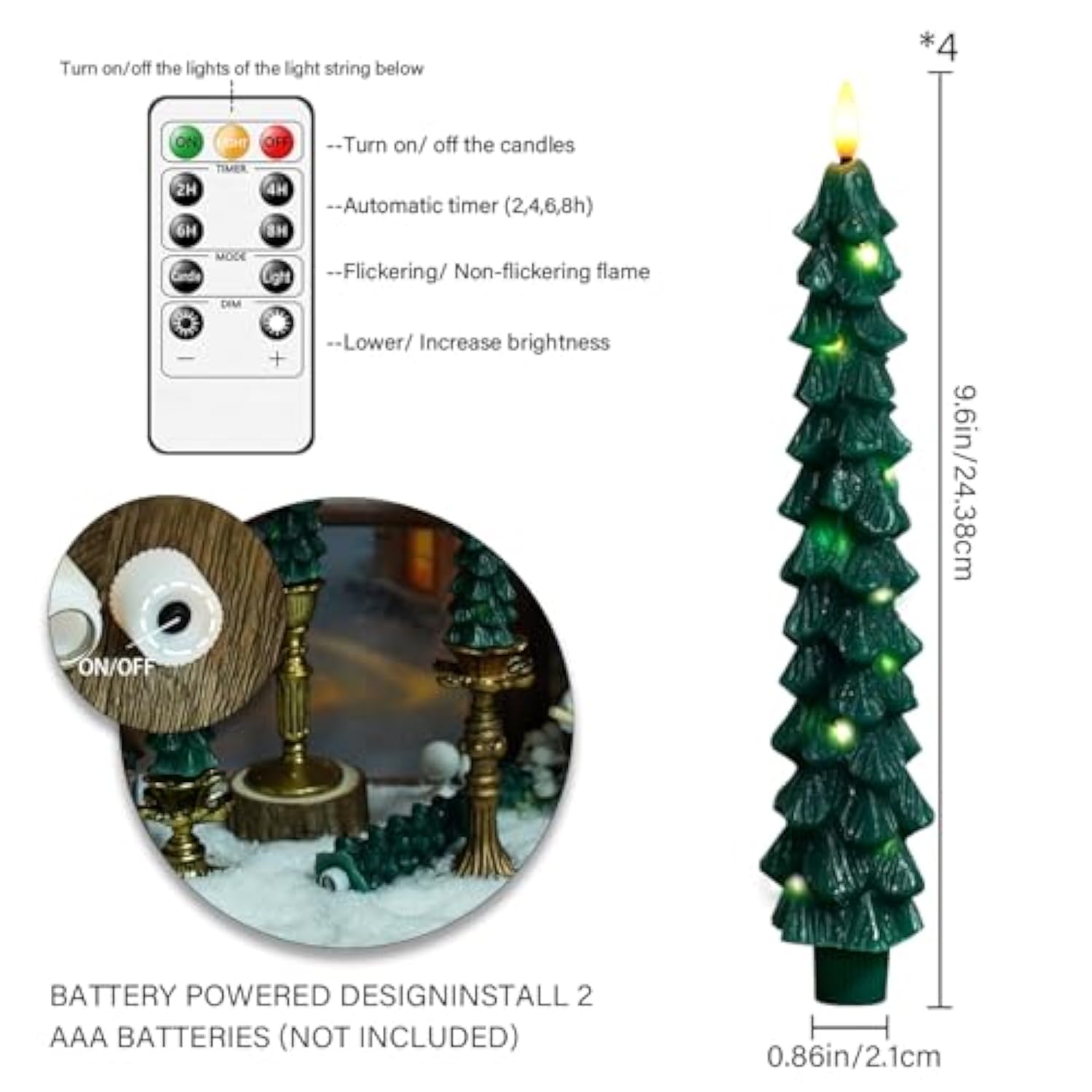Christmas Tree Flameless Candles With Remote,4 Pcs Green Real Wax Led Flickering Candles Battery Operate With Embedded Star String For Home Decoration Christmas Gifts(D0.86 Xh9.6)