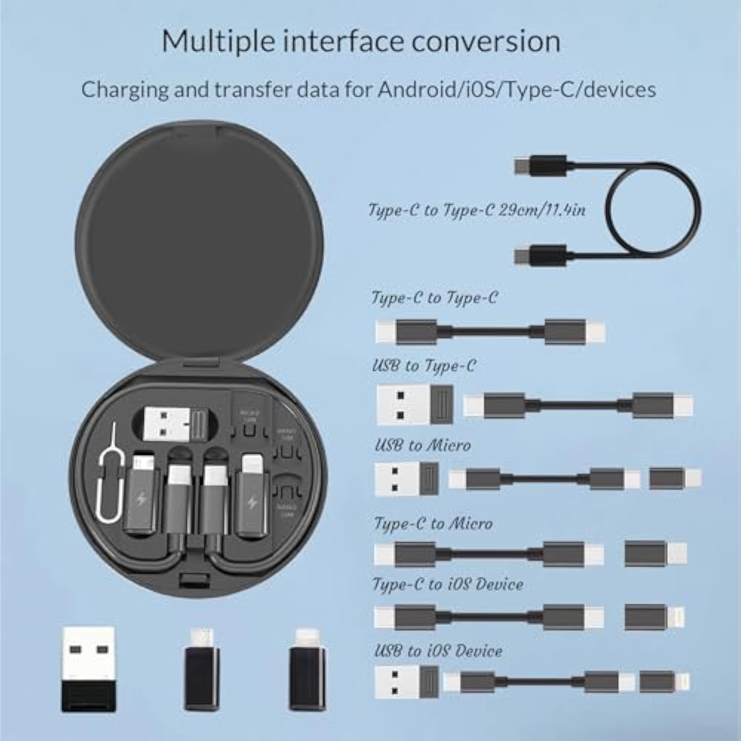 60Wctoc Charging Adapter Cable Kit, Fast Charging & Data Transfer W/Type C/Lightning/Micro Usb, Sim Storage Tool, Data Transfer Tech Travel Cable Kit, Phone Holde (Black)