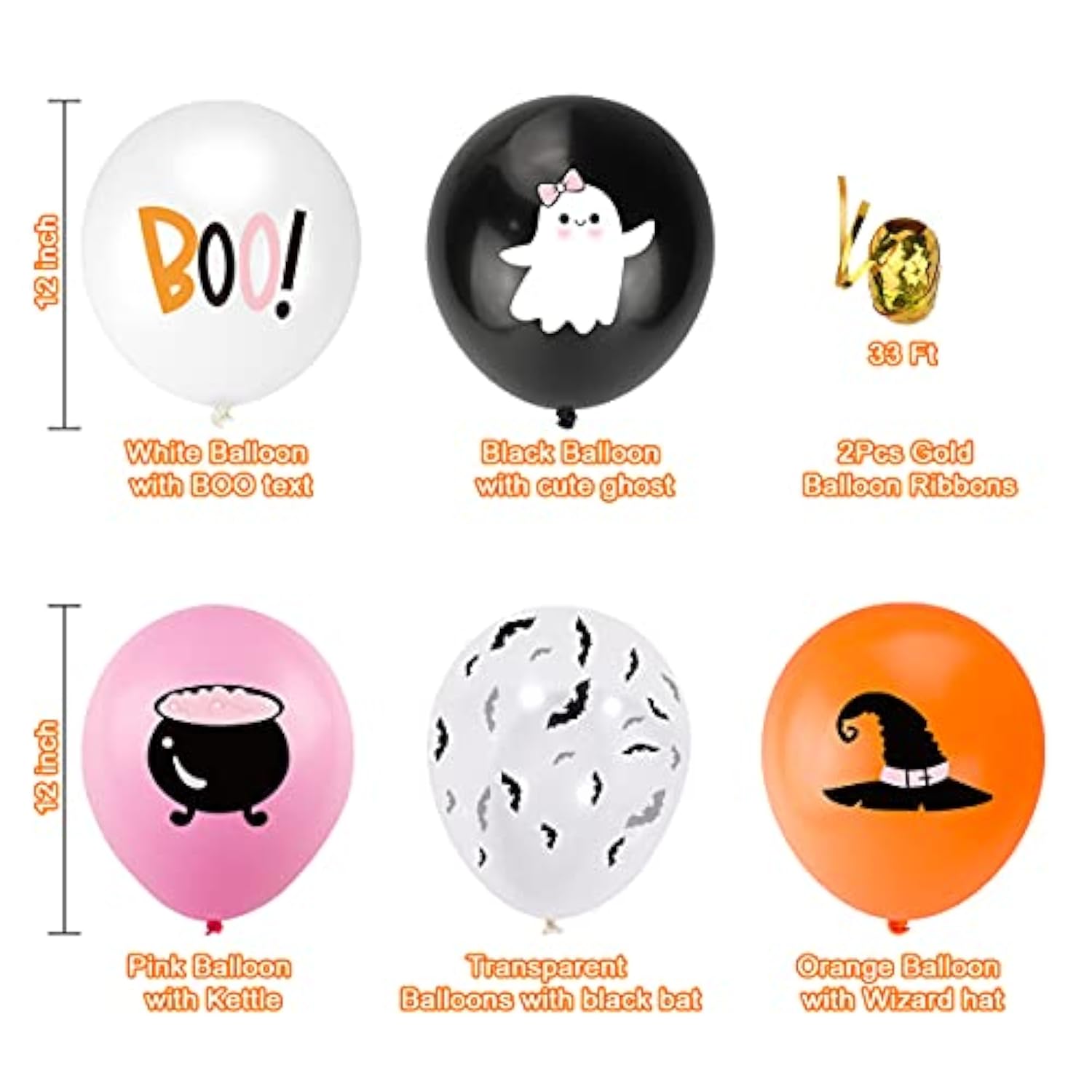 50Pcs Girls Halloween Balloons - Pink, Orange, Black, White with Ghost, Bat & Witch Print