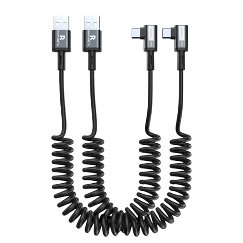 Coiled USB C Cable, Right Angle USB A to USB C Coiled Cable for Android Auto/Carplay, USB Type C Fast Charging Recommended Length [1.5FT-4FT 2Pack]