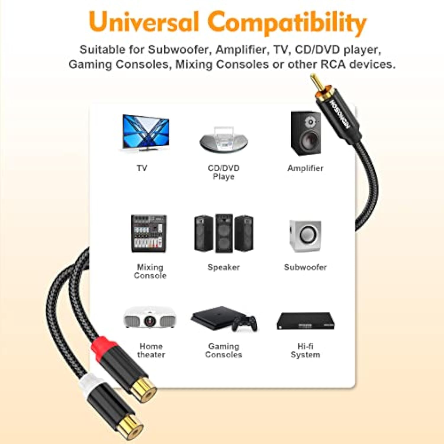 1Ft Rca Splitter 1 Male To 2 Female Y Adapter 2 Pack, Short Rca Audio Speaker