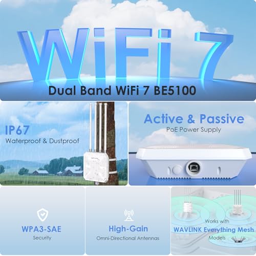 Wifi 7 Be5100 Outdoor Wifi Extender, Dual Band Long-Range Outdoor Wifi Repeater|Access Point|Mesh Router, Poe Powered | Ip67 Waterproof | 4 X 8Dbi Antennas, 2.5 Gbps Ethernet, Up To 2800 Sq.Ft