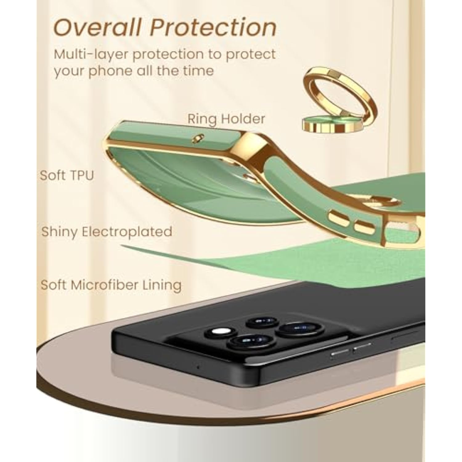 For Moto G Power 5G 2025 Case, 2X Screen Protector, 360° Rotatable Ring Holder Magnetic Kickstand,Plated Gold Edge Slim Soft Tpu Protective Cover For Motorola G Power 5G 2025 (Light Green)