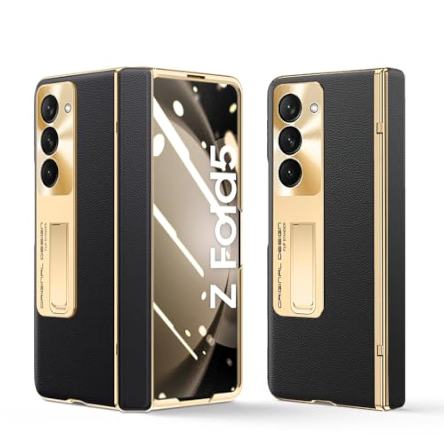 For Samsung Galaxy Z Fold 5 Case, Electroplated Frame, Leather On Back & Hinge Protection, Screen Protector, Metal Stand, Camera Protection, Thin & Slim Stand Cover 5G 2023, Black