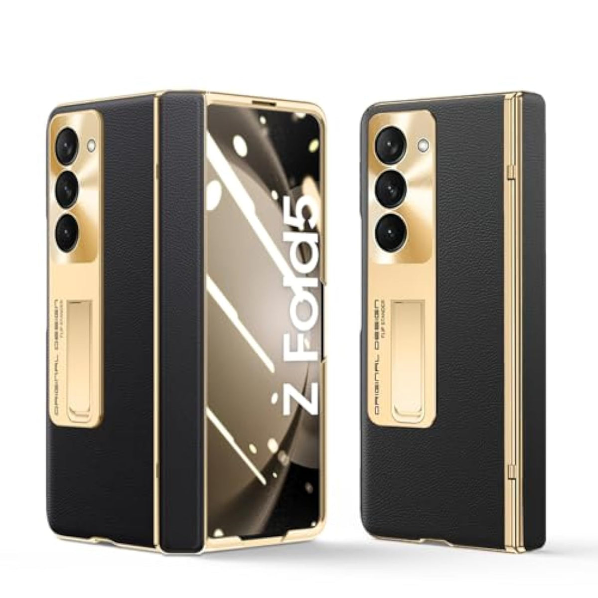 For Samsung Galaxy Z Fold 5 Case, Electroplated Frame, Leather On Back & Hinge Protection, Screen Protector, Metal Stand, Camera Protection, Thin & Slim Stand Cover 5G 2023, Black
