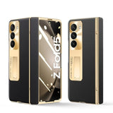 For Samsung Galaxy Z Fold 5 Case, Electroplated Frame, Leather On Back & Hinge Protection, Screen Protector, Metal Stand, Camera Protection, Thin & Slim Stand Cover 5G 2023, Black