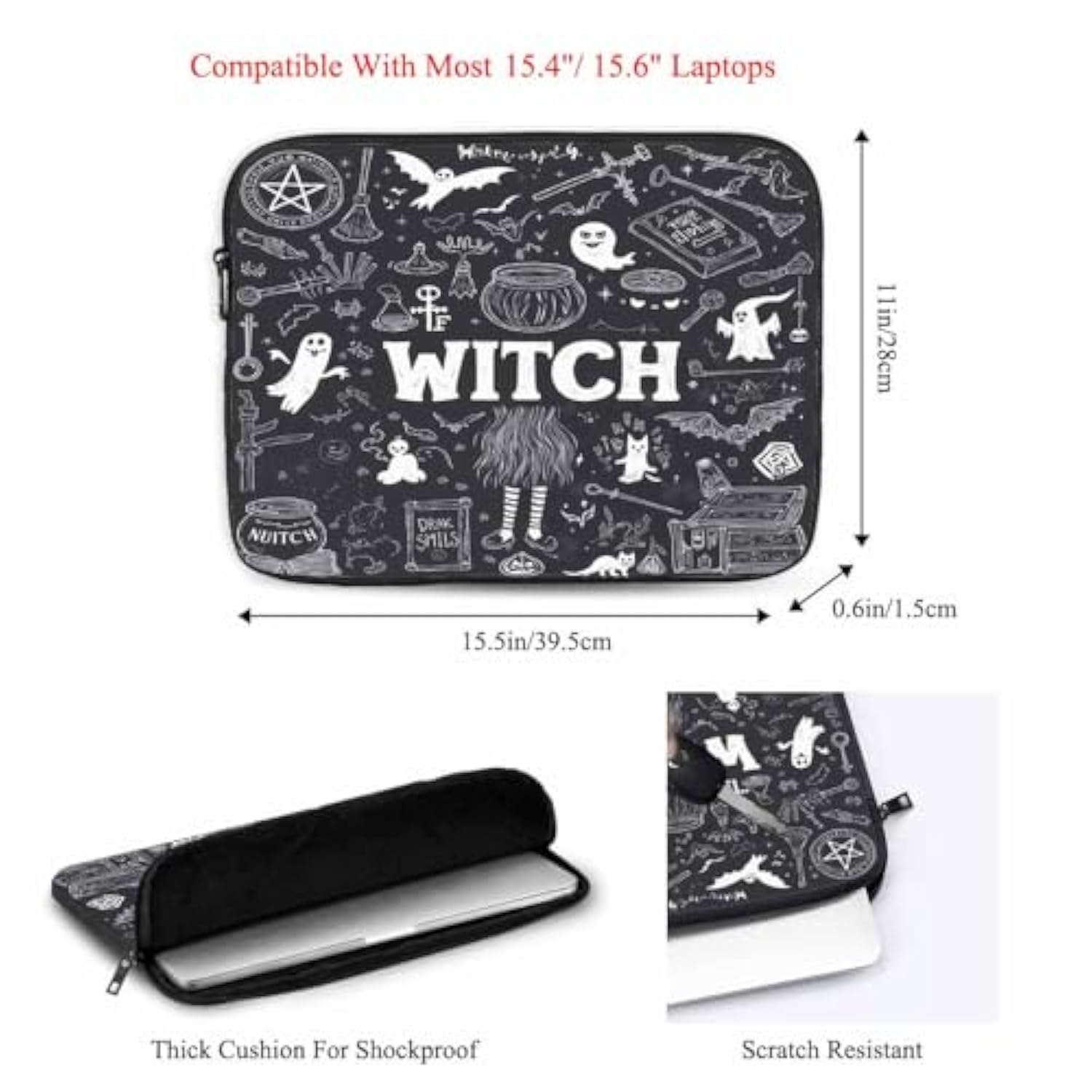 Laptop Sleeve Bag 15.4 15.6 Inch,Witch Halloween Witchcraft Black Magic Palmistry Protective Polyester Computer Cases Laptop Cover Briefcase Bag Tablet Travel Cover