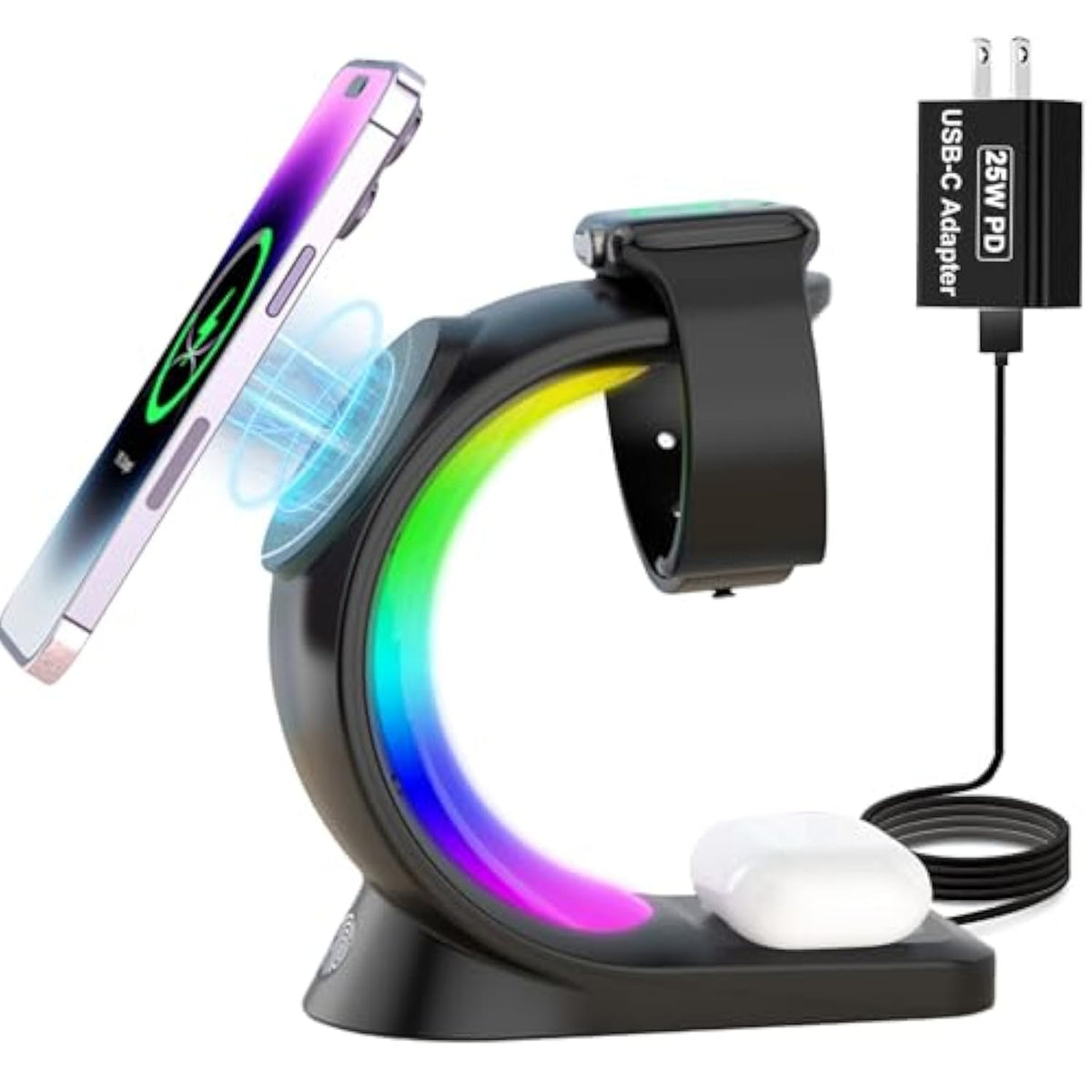 Mag-Safe 3 In 1 Wireless Charging Station, [6-Color Rgb Light] 15W Fast Magnetic Wireless Charger Stand For Multiple Devices Apple, For Iphone 16 15 14 13 12 Pro Max/Plus/Pro, For Iwatch 2 To 9