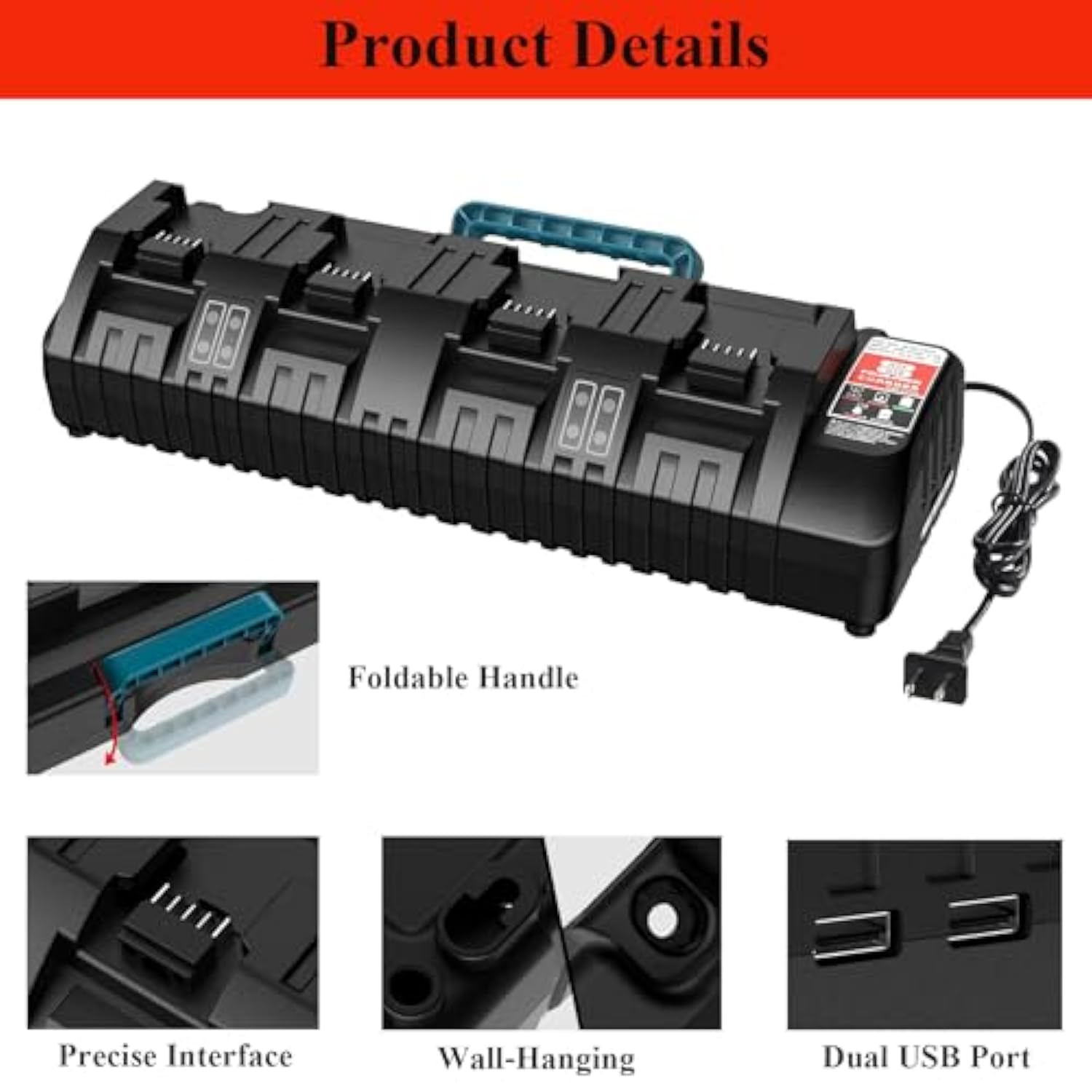 4-Port Rapid Charger Replacement For Charger Station 48-59-1804 Compatible With Mil-Wauk 18V Lithium Ion Battery 48-11-1850 48-11-1815 48-11-1840