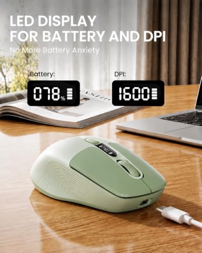 Eweadn Q1 Wireless Mouse, Bt & 2.4G Silent Mouse Quiet Click With 1600 Dpi Levels, Battery & Dpi Led Screen Display, 6 Button Small Portable Bluetooth Mouse For Laptop/Pc/Mac-Green