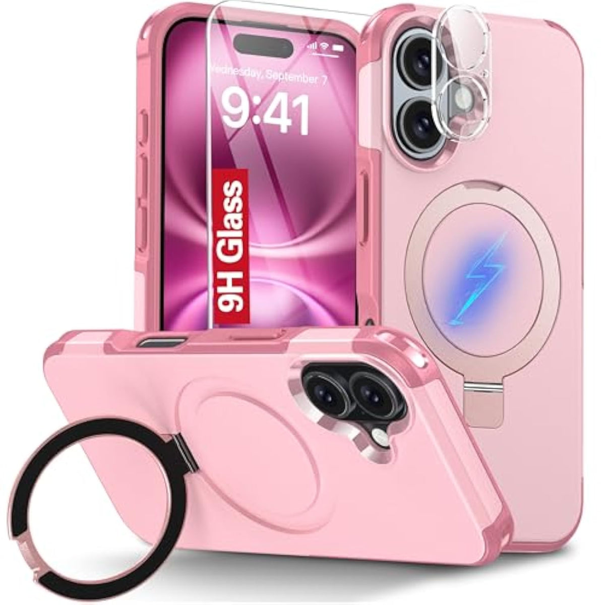 Magnetic For Iphone 16 Plus Case Compatible With Magsafe [Foldable Invisible Stand][Tempered Glass Screen Protector & Camera Lens Protector] 15Ft Military Dropproof Phone Case (Pink)