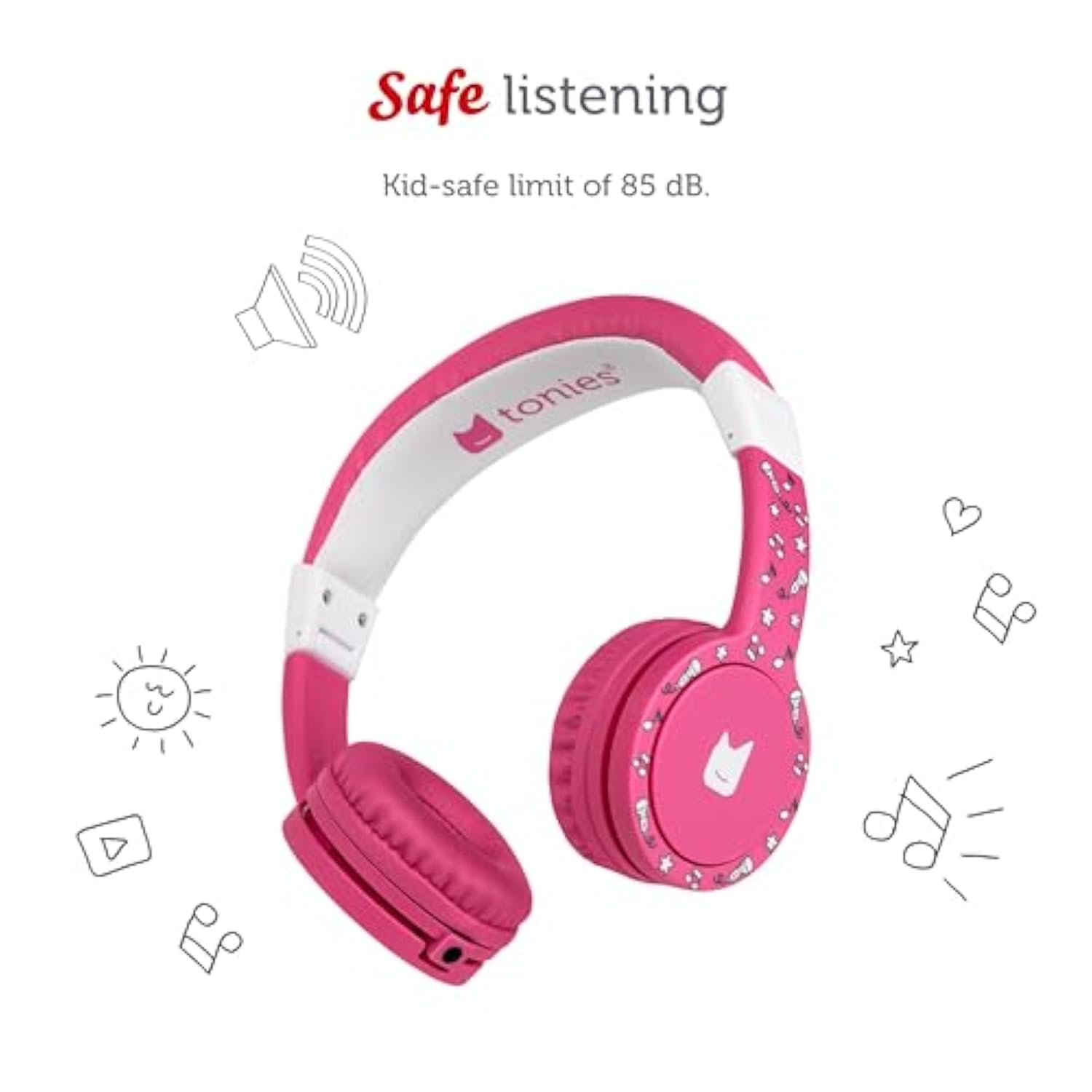 Foldable Wired Headphones For Kids - Comfortably Designed To Fit On-Ear - Works With Toniebox And All 3.5Mm Devices - Pink