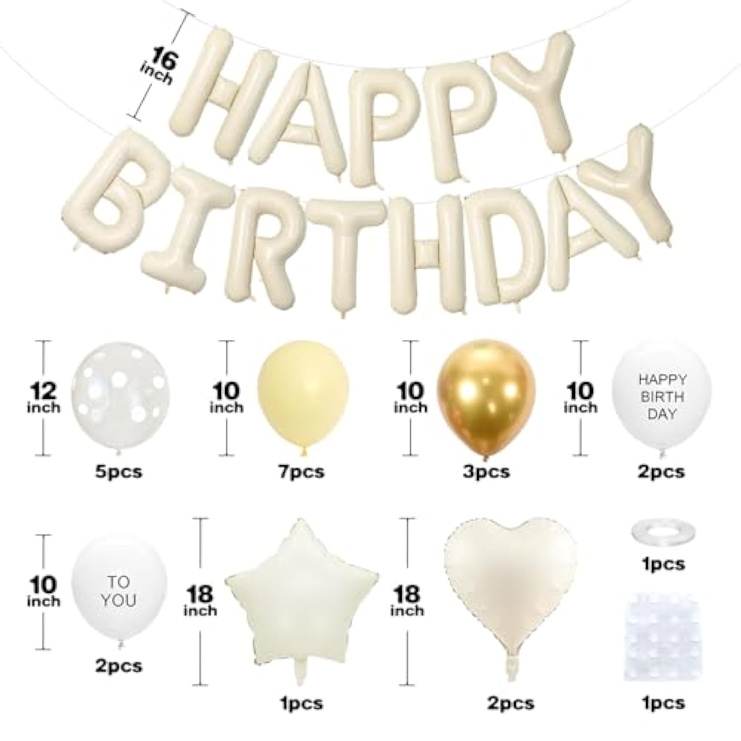 Light Yellow Gold Birthday Decorations For Men Women Kids,White Sand Cream Happy Birthday Banner Balloons Heart Star Foil Clear White Polka Dot Balloons For Baby Shower Party Decorations