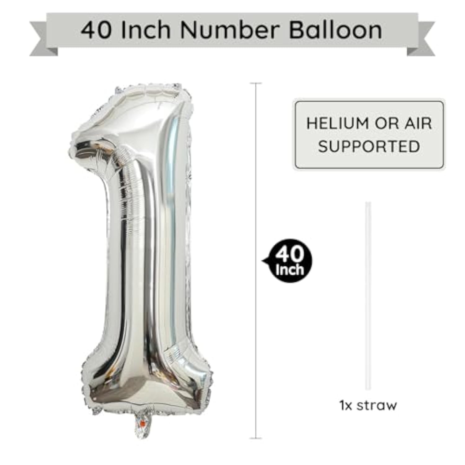 Silver Number 1 Balloon,40 Inch Large Number Foil Mylar Balloons For 1St Girl Boy Birthday Party Celebration Decoration Supplies, Big Digital Balloons For Wedding Anniversary Events Decor