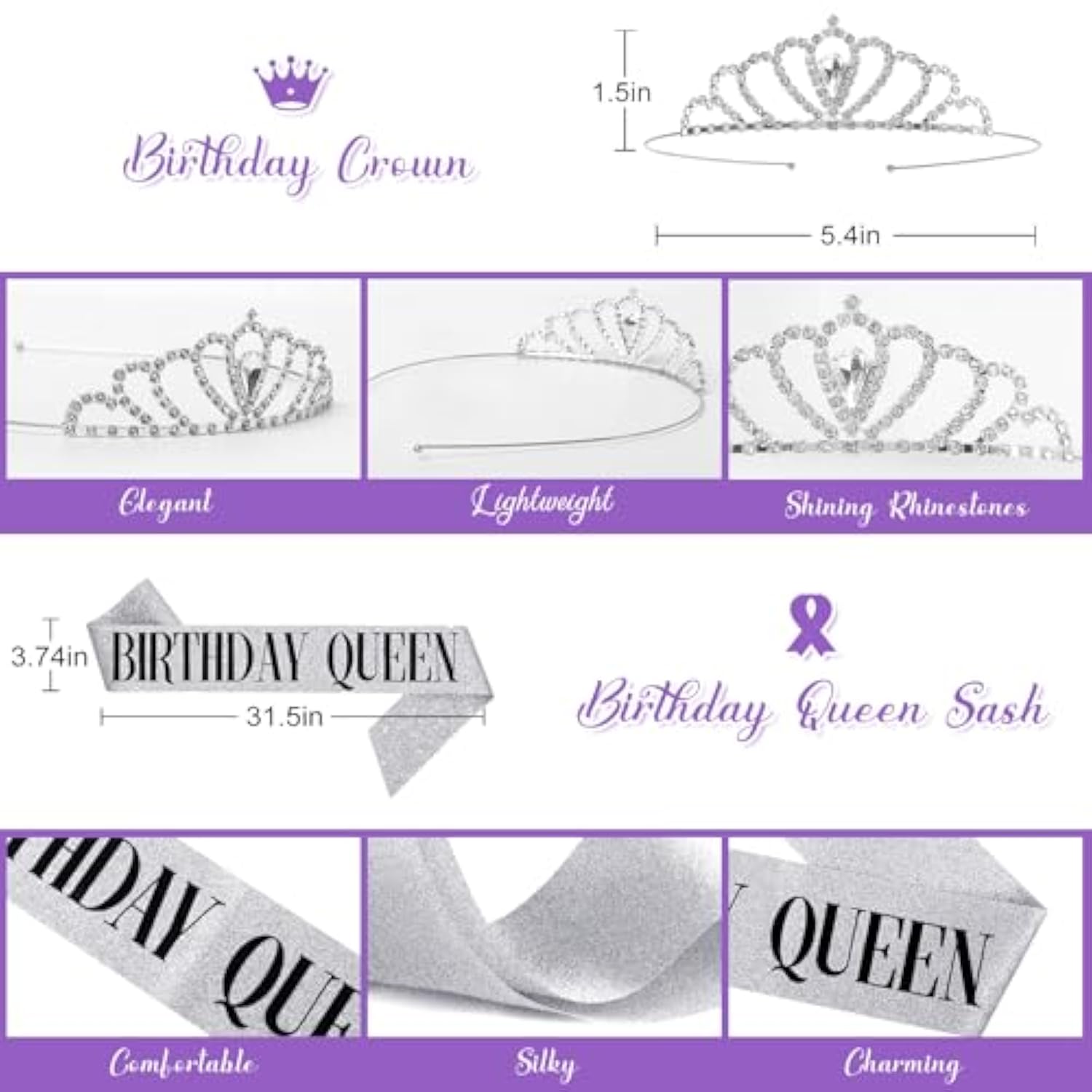 Purple Birthday Decorations For Women Girls, Lavender Purple Silver Foil Balloons Table Cloth Sash Crown Fringe Curtains Happy Birthday Banner Glitter Star Garland Butterfly Cake Topper Party Supplies