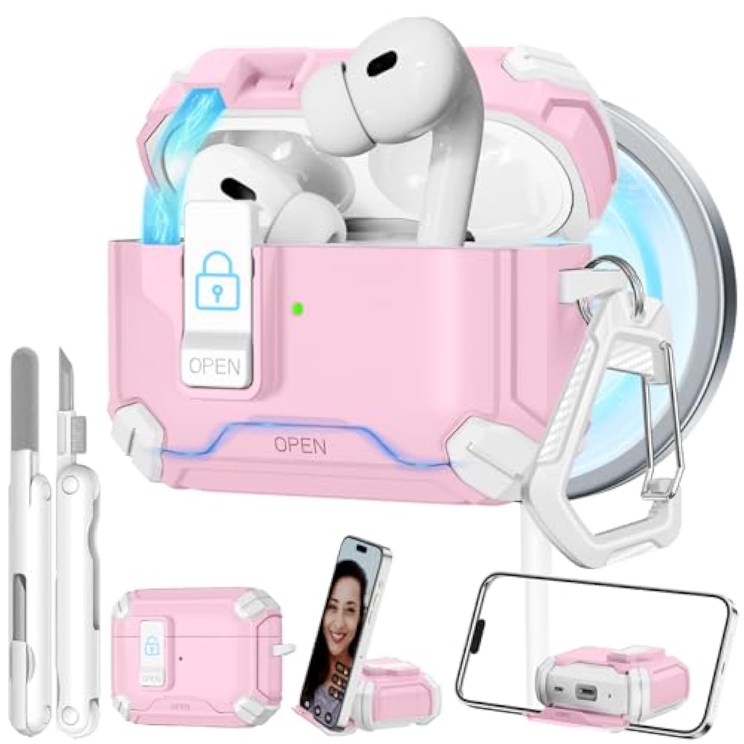 For Airpods Pro 2 Secure Lock Case With Phone Stand, Compatible With Magsafe, Case Cover For Apple Airpods Pro 2Nd/1St Generation With Cleaner And Keychain, Auto-Open (Pink)