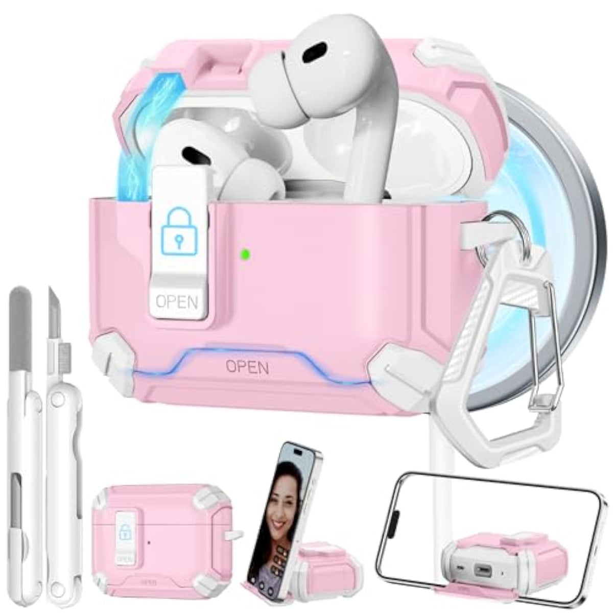 For Airpods Pro 2 Secure Lock Case With Phone Stand, Compatible With Magsafe, Case Cover For Apple Airpods Pro 2Nd/1St Generation With Cleaner And Keychain, Auto-Open (Pink)
