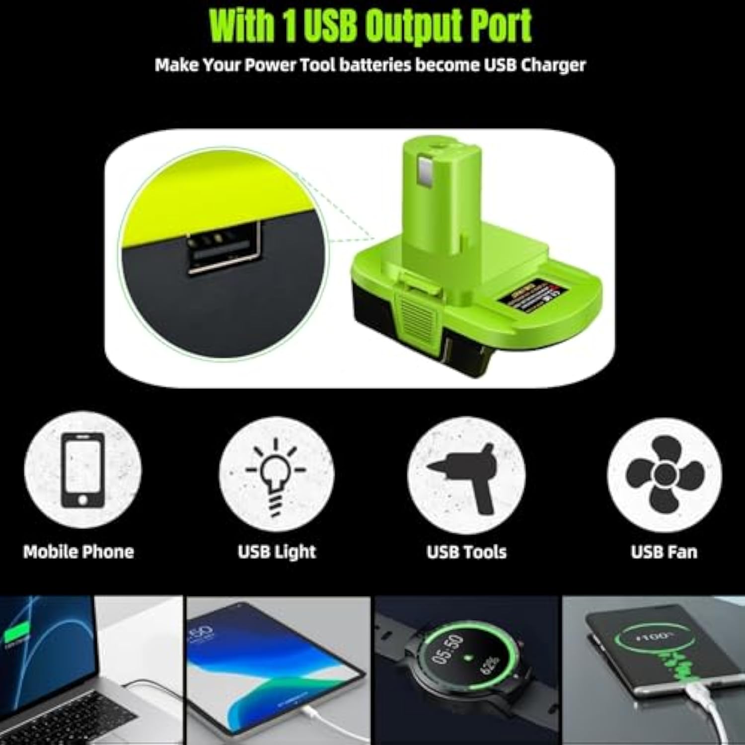 For Dewalt To Ryobi Battery Adapter, Convert For Dewalt To Work For Ryobi 18V P107 P108 Battery Tools, With 5V 2.1A Max Usb Output Port(Adapter Only)