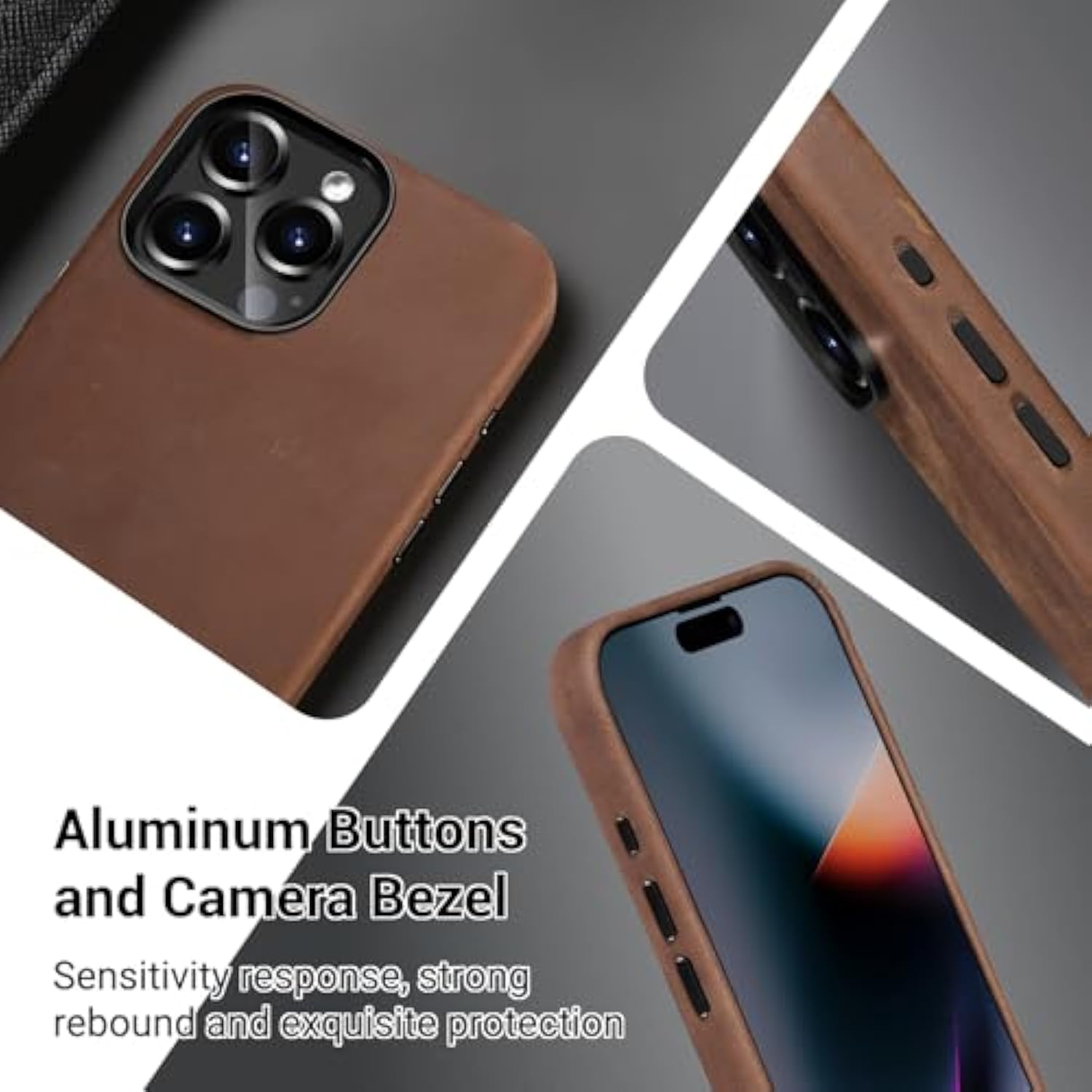 Compatible With Iphone 15 Pro Max Leather Case Magsafe-Top Grain Vintage Crazy Horse Leather-Metal Buttons Camera Bezel-Slim Fit-Precision Crafted Premium Phone Cover (6.7-Inch)-Retro Brown
