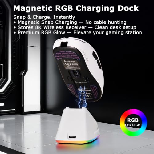 Aj179Pro Paw3395 26000 Dpi Gaming Mouse, 8000Hz Polling Rate, 58G Ultra-Light, Tri-Mode (2.4G/Wired/Bluetooth 5.2), Magnetic Rgb Charging Dock, Ergonomic Right-Hand Design, White