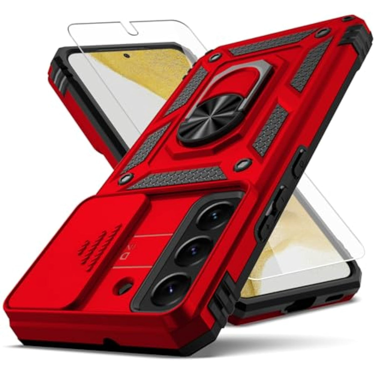 Samsung Galaxy S22 Case Red Hybrid Shockproof with Lens Cover & Kickstand