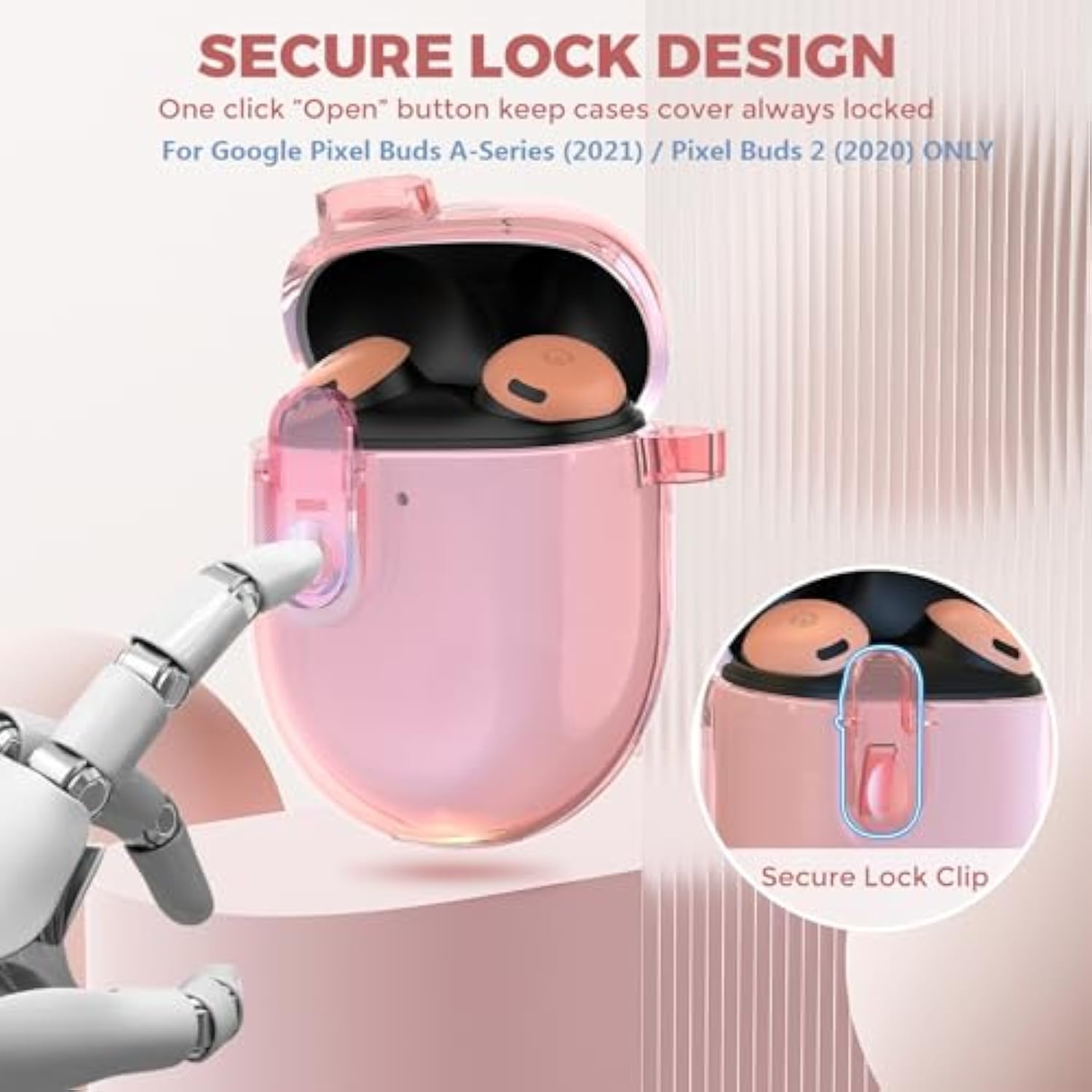 Lock Case For Google Pixel Buds A-Series (2021) / Pixel Buds 2 Clear Case (2020) With Cleaner Kit, Soft Tpu Transparent Protective Cover With Carabiner, Pink