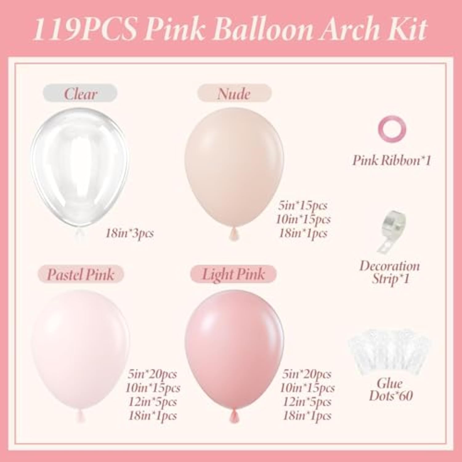 119pcs Pink and White Balloon Arch Kit for Baby Shower, Bridal Shower, Party