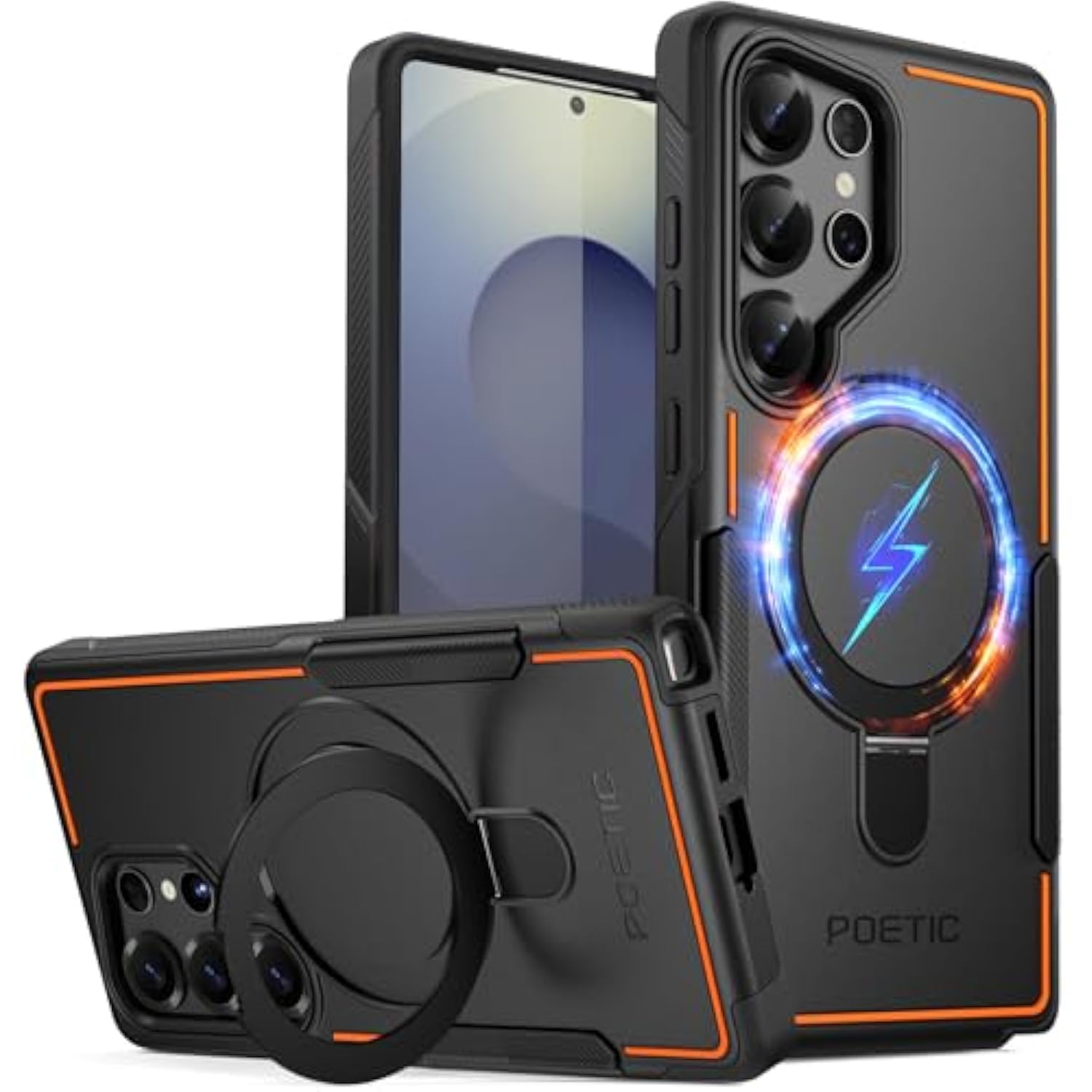 Neon Magpro Case For Samsung Galaxy S25 Ultra 5G, [Magnetic Ring Kickstand] Double Layer Rugged Slim Shockproof Protective Case, Black/Orange