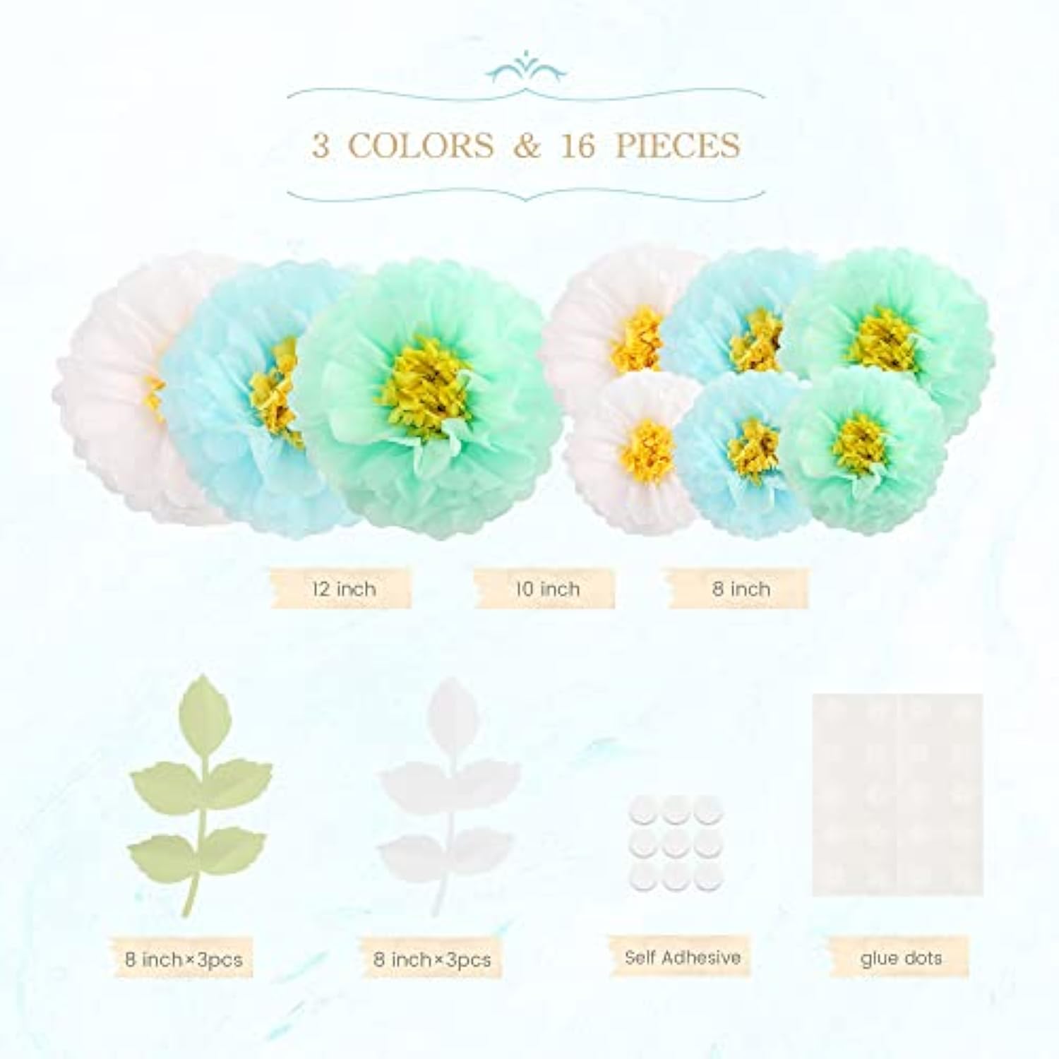 Tissue Paper Chrysanth Flowers With Butterfly And Olive Leaves For Wedding Baby Shower Nursery Room Parties & Events Decorations Pom Poms (White Mint Baby Blue)