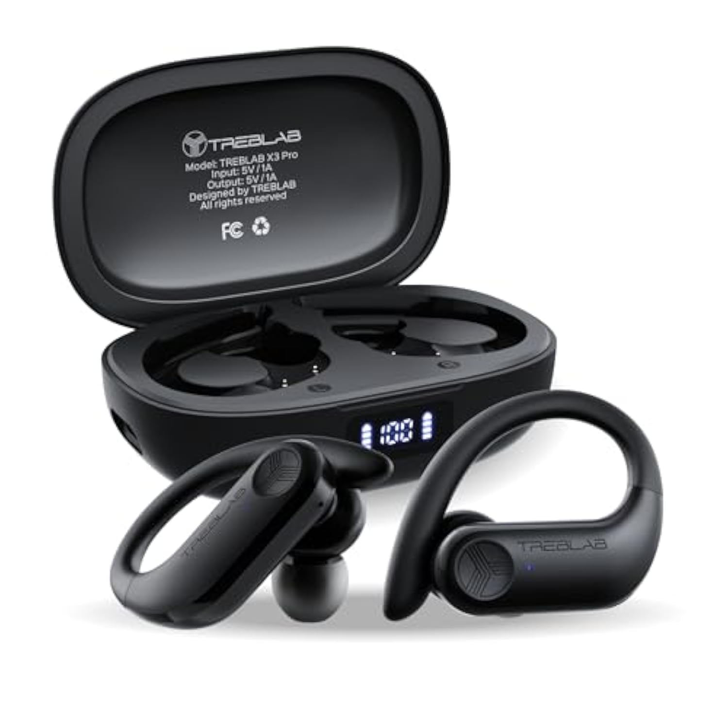 TREBLAB X3 Pro - Workout True Wireless Earbuds, Comfortable Earhooks, Bluetooth 5.3, Punchy Bass, Noise Isolation, 145H Playtime, IPX5 Waterproof, Sweatproof, 2 Mics for Calls, Sport Bluetooth Earbuds