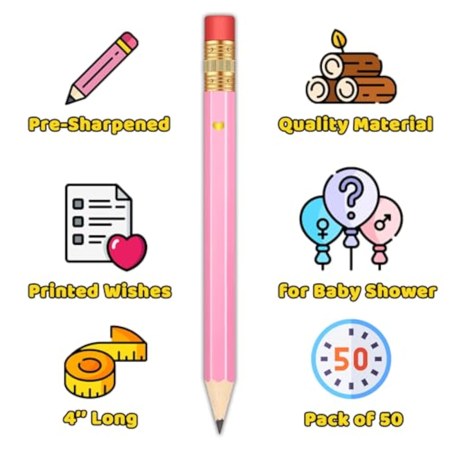 50Pcs - Baby Shower Sharpened Half Pencils With Erasers, Pre-Sharpened Pencils For Baby Shower Games, 4 Inches