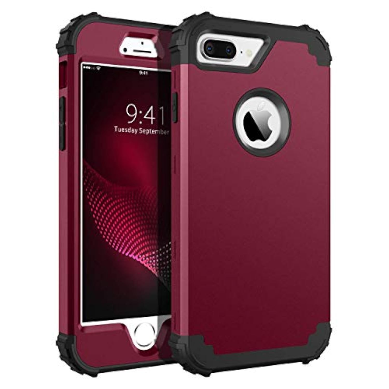 For Case For Iphone 8 Plus/Iphone 7 Plus, 3 Layer Hybrid Hard Pc Soft Rubber Heavy Duty Rugged Bumper Shockproof Anti Slip Full-Body Protective Phone Cover, Wine Red