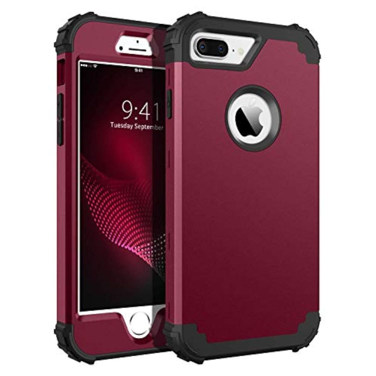 For Case For Iphone 8 Plus/Iphone 7 Plus, 3 Layer Hybrid Hard Pc Soft Rubber Heavy Duty Rugged Bumper Shockproof Anti Slip Full-Body Protective Phone Cover, Wine Red