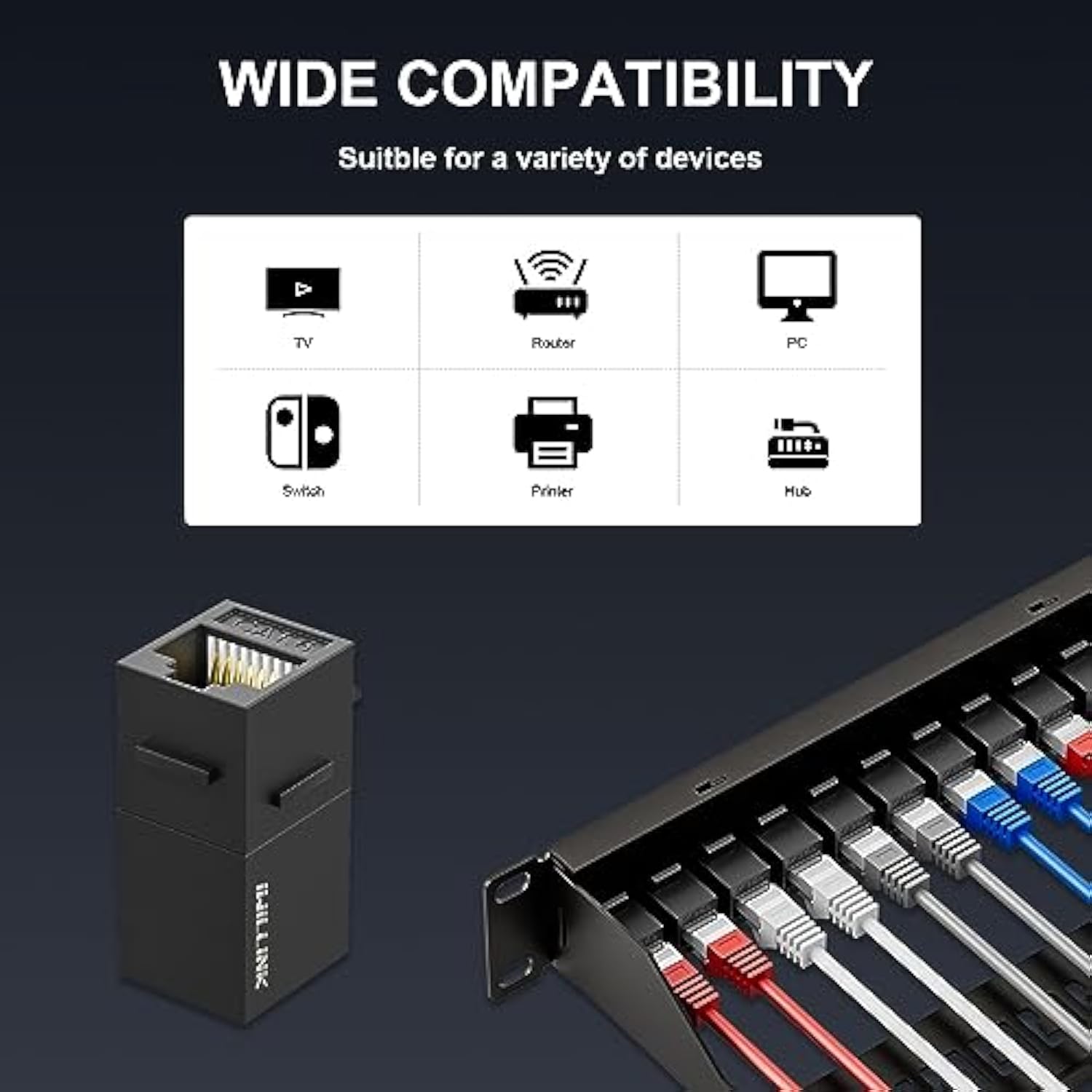 12 Port Rj45 Through Coupler Cat6 Patch Panel With Back Bar, Wallmount Or Rack