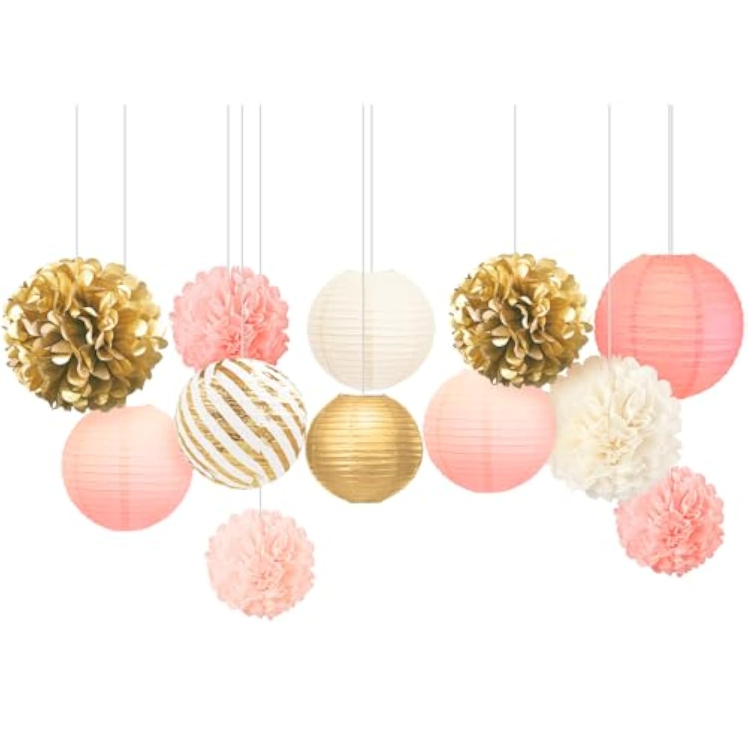 Birthday Party Decorations Set For Girls Women,12Pcs Pink Gold Tissue Paper Pom Poms Lanterns Flowers,For Engagement,Wedding,Baby Shower,Bridal Shower,Girl Party