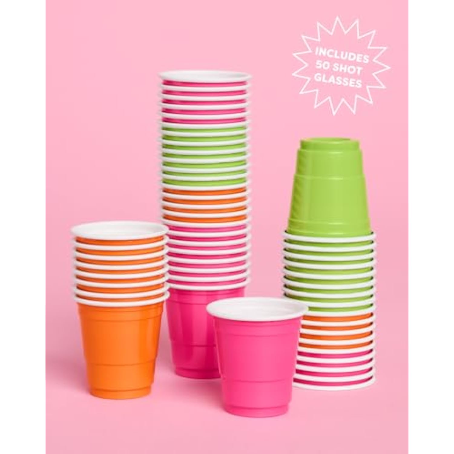 Pink, Orange + Green Plastic Shot Glasses - 50 Disposable 2 Oz Cups | Final Fiesta Bachelorette Decorations, Rave Birthday Party Favors, Cinco De Mayo Neon Drinkware, Groovy Baby Shower