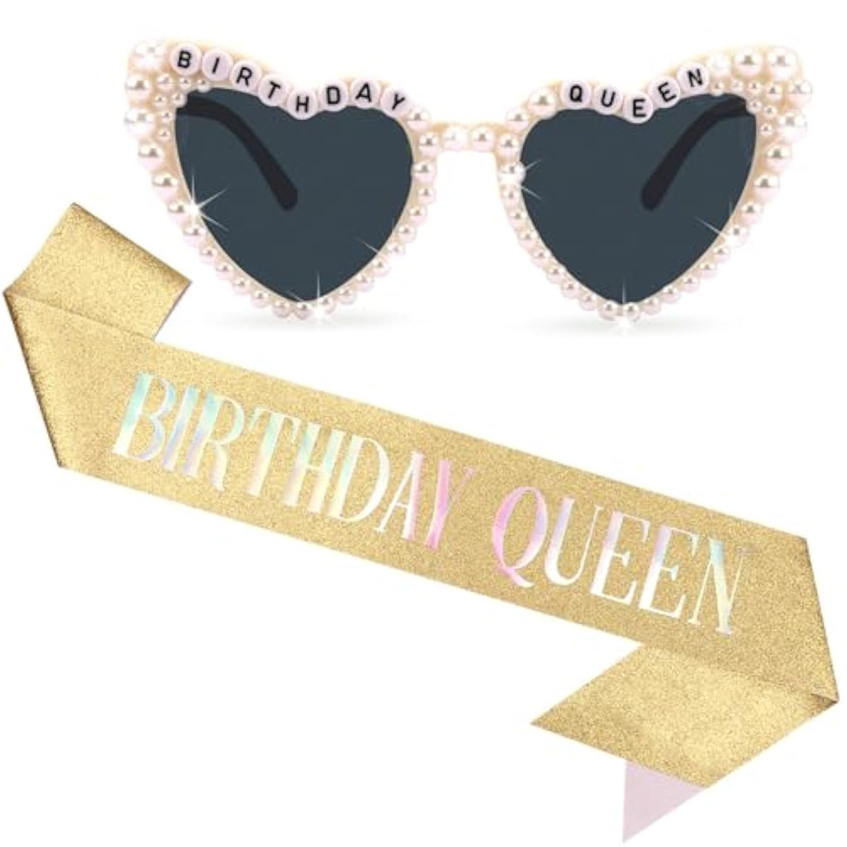 Birthday Sash For Women Girls, Gold Birthday Queen Sash With Glasses For Women Happy Birth Day Decorations For Girls Party Favors Accessories
