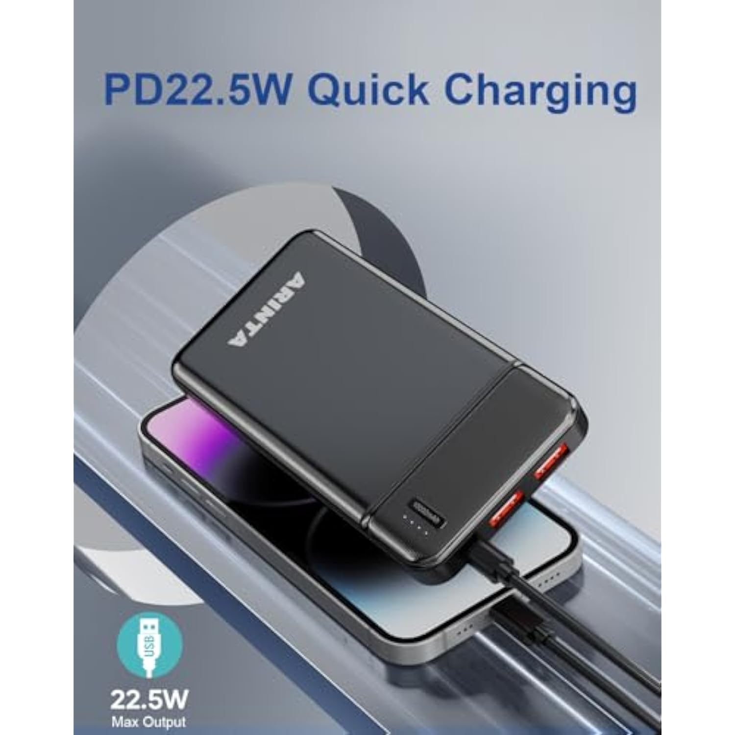 Power Bank Portable Charger 10000Mah Pd 22.5W, Ultra Slim Battery Pack With Usb-C Input/Output, Compatible For Iphone 16 15 14 13 12, Galaxy S24 23 22 21, Tablets., Etc. (Black)