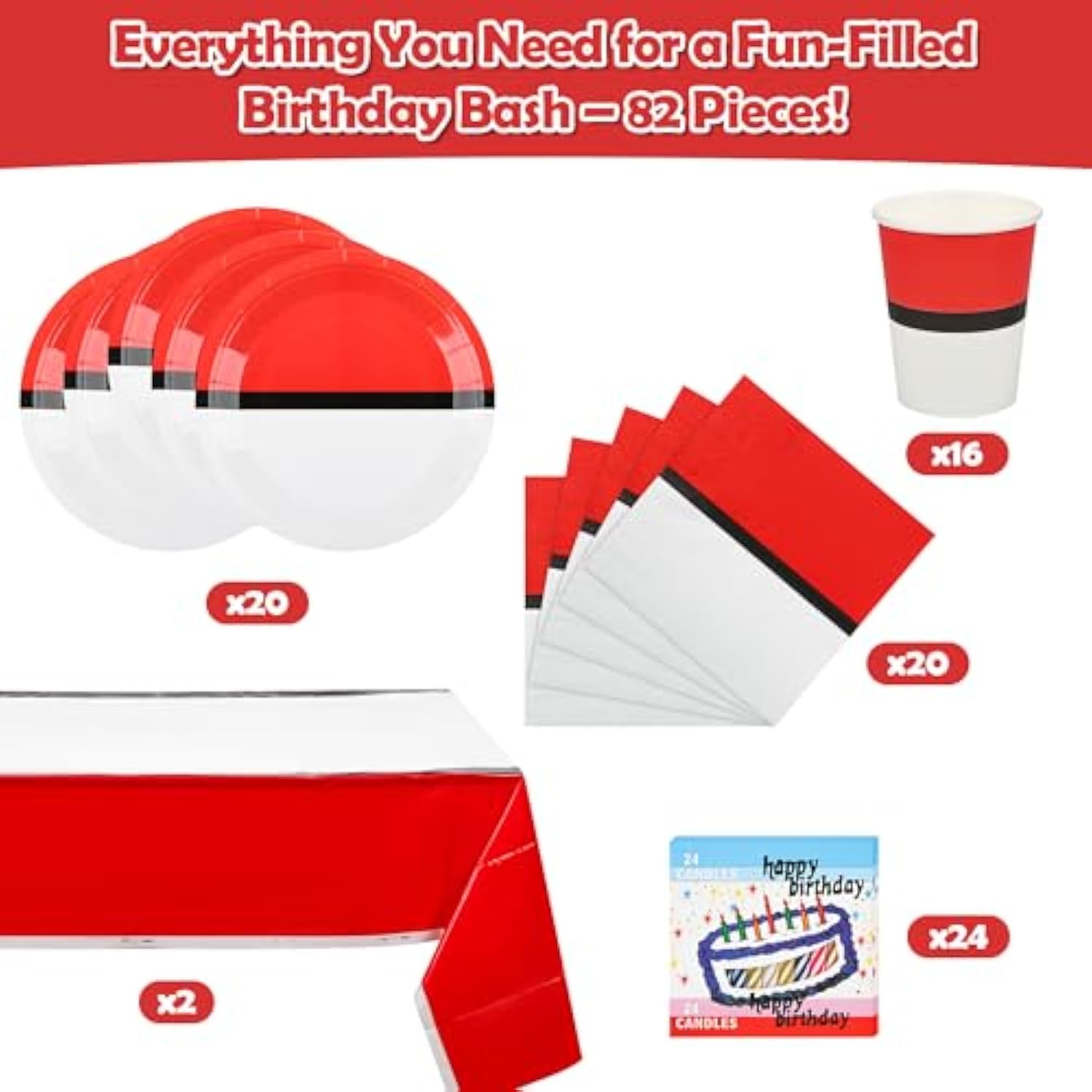 82 Pcs Cartoon Animation Party Tableware Set Including 20 Plates, 20 Napkins, 16 Cups, 24 Candles, 2 Table Clothes, Boy Girl Games Themed Party Tableware For Kids