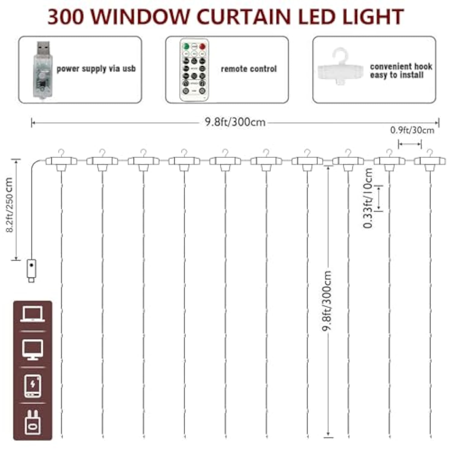 Window Curtain String Lights, 300 Led 8 Lighting Modes Fairy Copper Light With Remote, Usb Powered For Christmas Party W