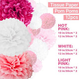 Pink Paper Pom Poms - 10",12" Tissue Pom Poms Decorations for Bachelorette Baby Shower Girl Party Hanging Decor - 12 Piece Set