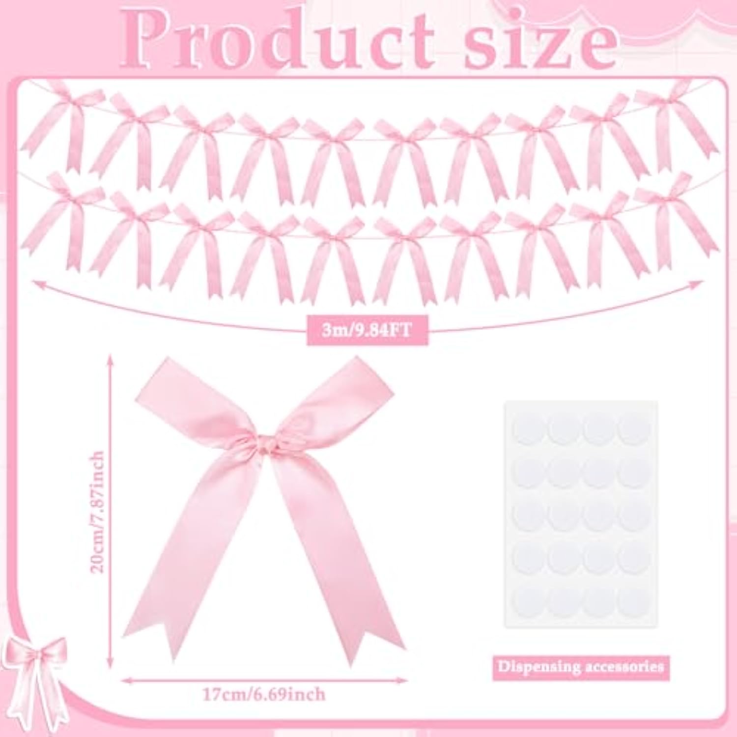 2 Pcs Pink Bow Garland Banner, Pink Satin Ribbon Party Decorations Pre-Strung Bow Decor Banner For Wedding Bridal Shower Baby Shower Birthday Bachelorette Party